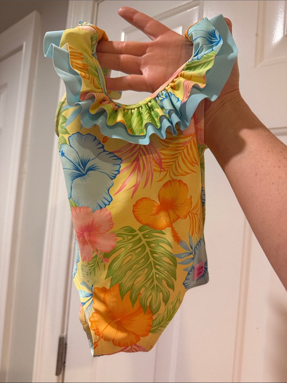 Ruffle Butts Yellow Tropical Floral Ruffle-Shoulder One-Piece